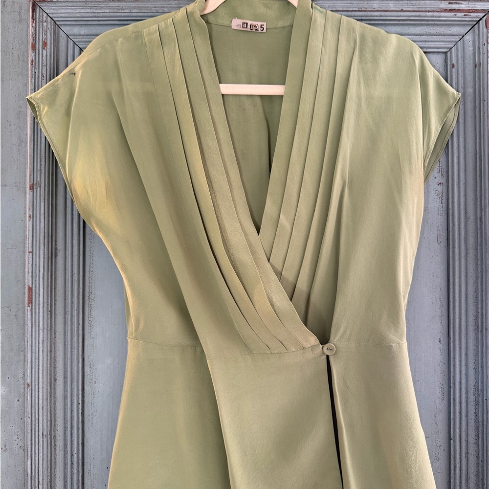 Elegant Vintage Green Silk Pin-Tuck Wrap Blouse